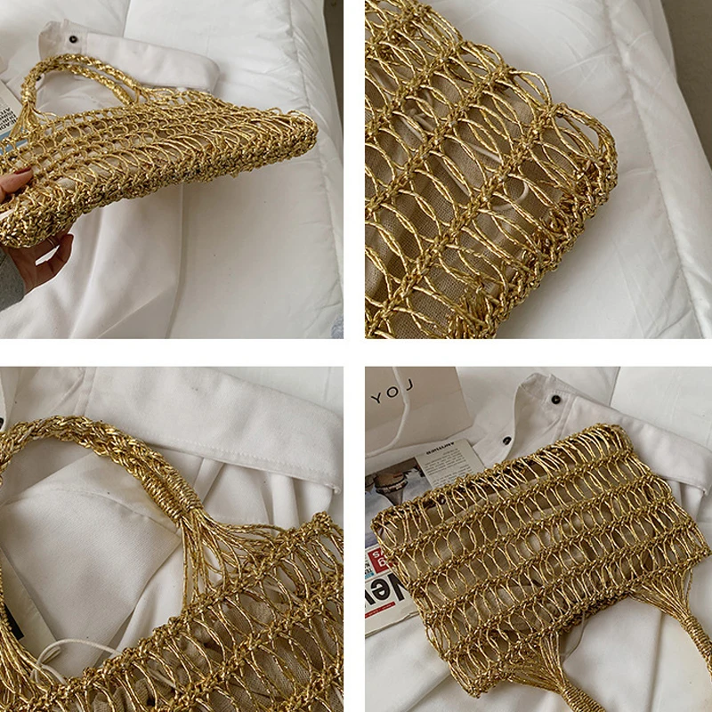 Bolso de playa tejido a mano para mujer, Cartera de ganchillo de alta gama, de ratán, a la moda, de verano