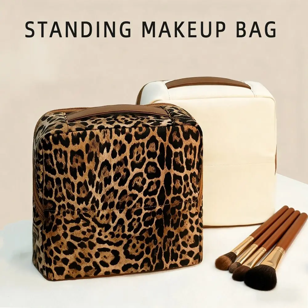 Leopard print Standing Makeup Bag Large Capacity PU Cosmetic Organizer with Compartments Portable Travel Toiletry Case