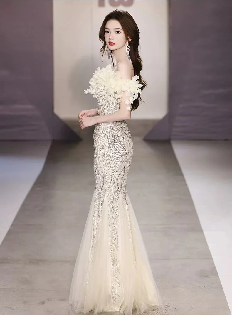Blue Sequin Flower Ruched Summer Mermaid Strapless Bespoke Occasion Gown Long Dresses