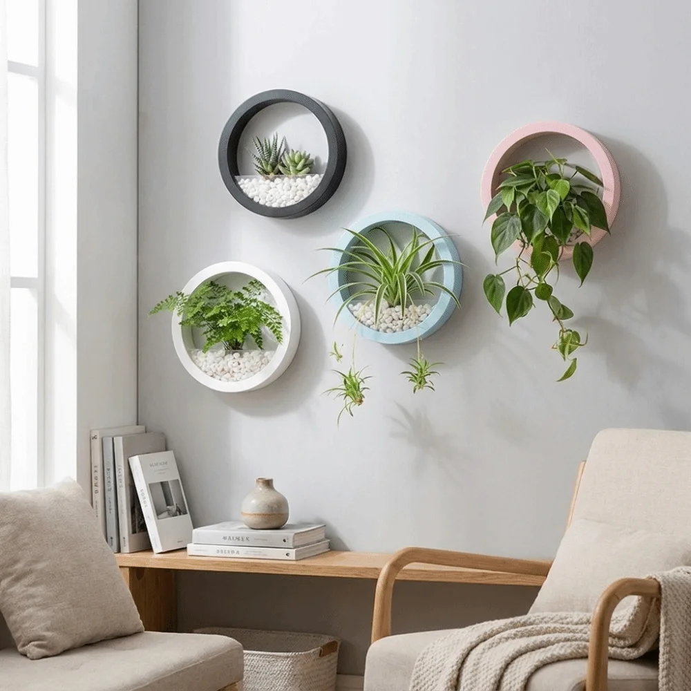 Planter Pot Round Wall-mounted Flowerpot Plastic Drill-Free Hydroponic Vase Space Saving Small Fish