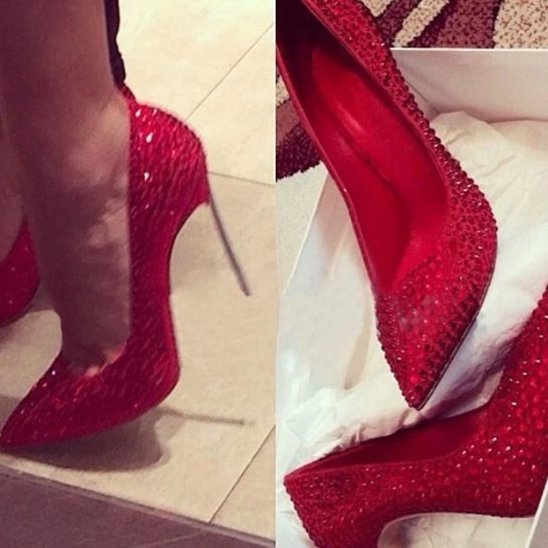 

Bling Bling Rhinestone Metal Silver Heels Pumps Red Green Pink Crystal Slip On Pointed Toe Shallow Stiletto High Heels Shoes