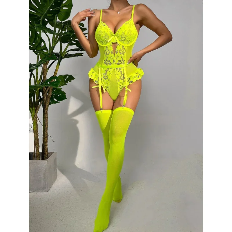 ビキニボディシェイピングフラワーレースバックレスシースルーセクシー下着ジャンプスーツ