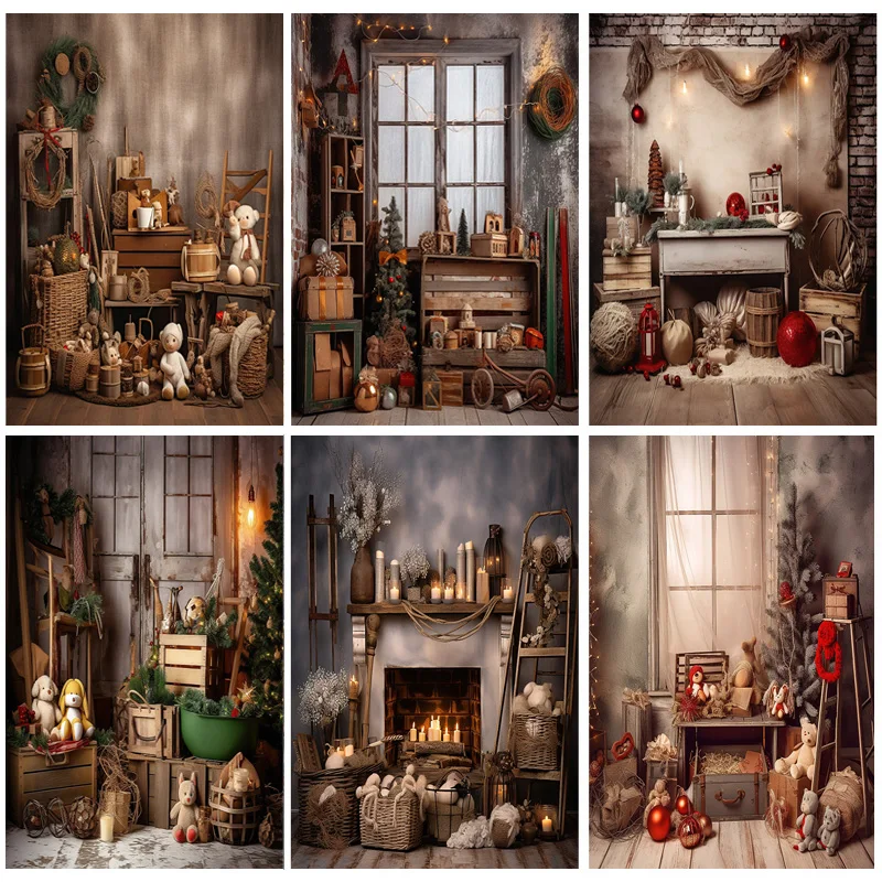 

Vintage Christmas Day Photography Backdrops Prop Fireplace Winter Xmas Tree Decoration Flower Garland Wood Door Background JL-05