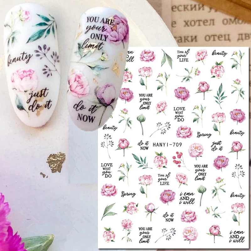 3d Nail Art Stickers Full Tips Pink Peony Florals Flowers Leaves Adhesive Sliders Nail Decals Decoration Manicure