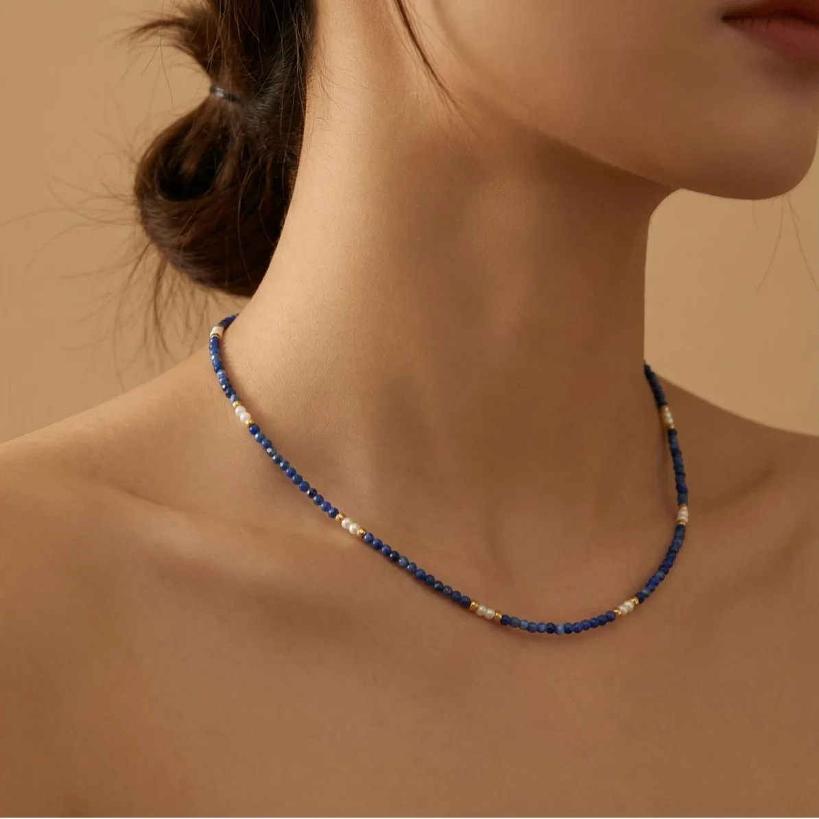 Japanese and Korean niche design purple green real stone imitation pearl beads hand-woven simple short necklace collarbone chain