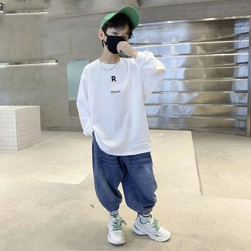 Boys' Cotton Handsome Long Sleeved T-shirt 2024 New Spring And Autumn Season Loose Base Shirt For Middle-aged And Young Child image 4