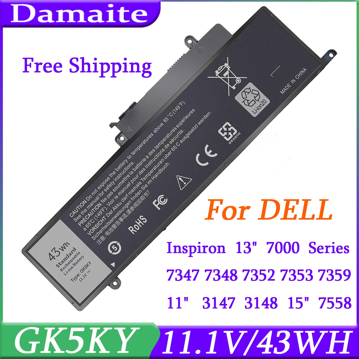 GK5KY Laptop Battery For DELL Inspiron 13