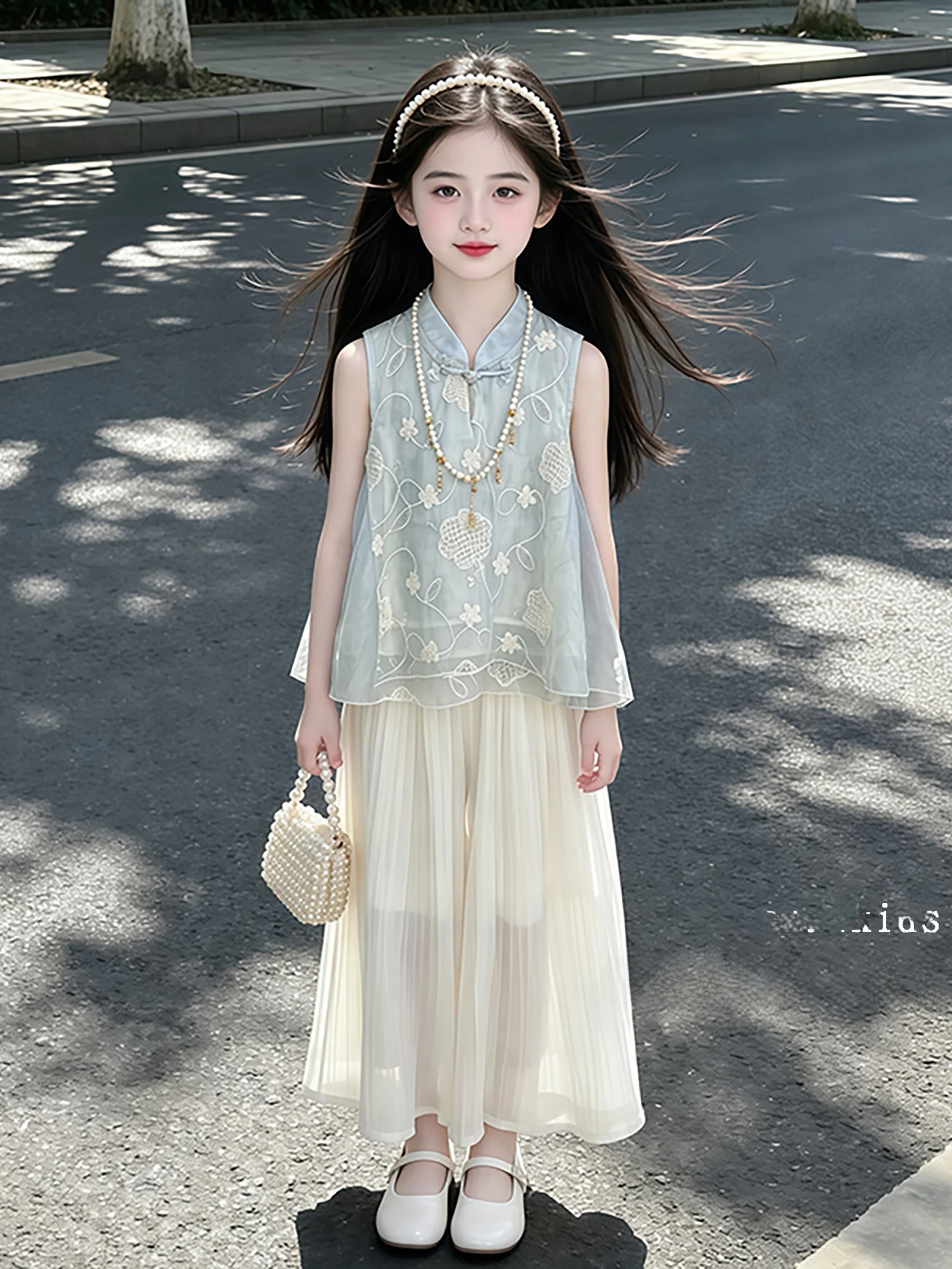 new-chinese-style-children's-summer-outfit-girls-half-skirt-two-piece-set-breathable-cool-feeling-thin-plant-floral-pattern