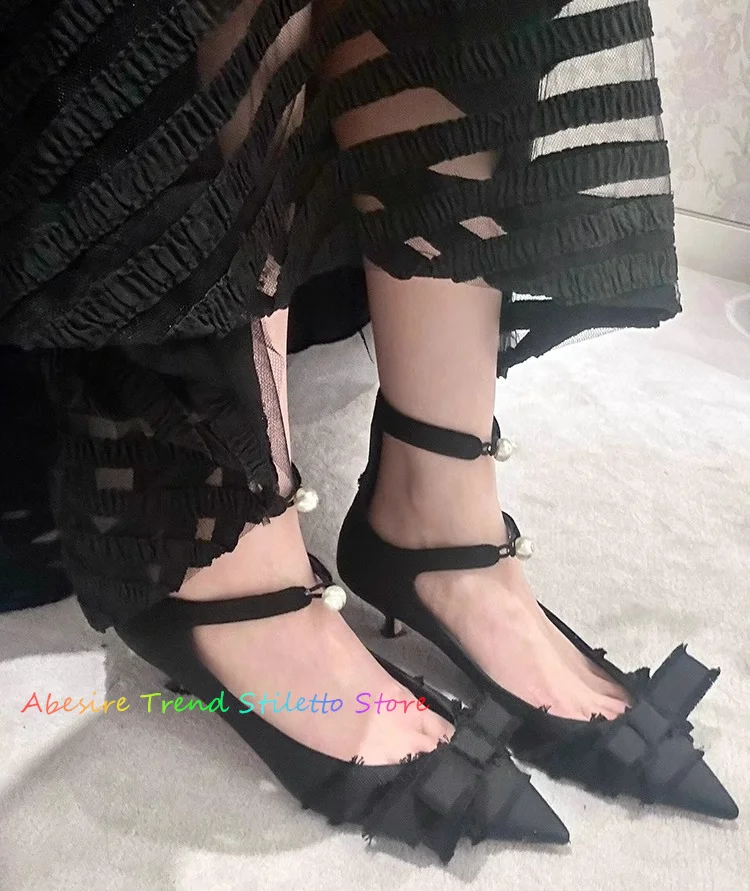 2024 New Silk Bow Pointed Toe High Heel Pumps Women Autumn Pearl Cat Heel One Line Double Buckle Shallow Single Shoes