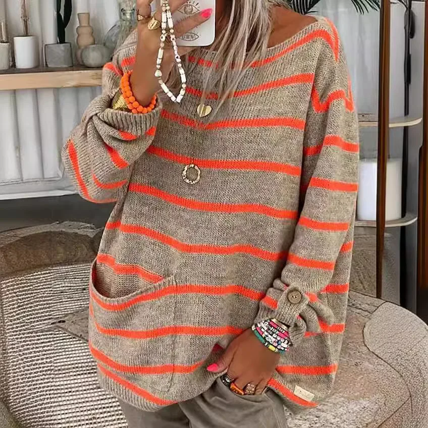 

Fashion Printed Sweater Button Long Sleeve Shirt Women Summer Casual Loose Round Neck Pocket For Women 2025