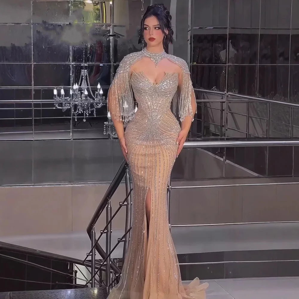 Customized Rhinestone Sequin Evening Dress Prom Gown with Cape Sweetheart Beading Tassel Wedding Guest Dresses