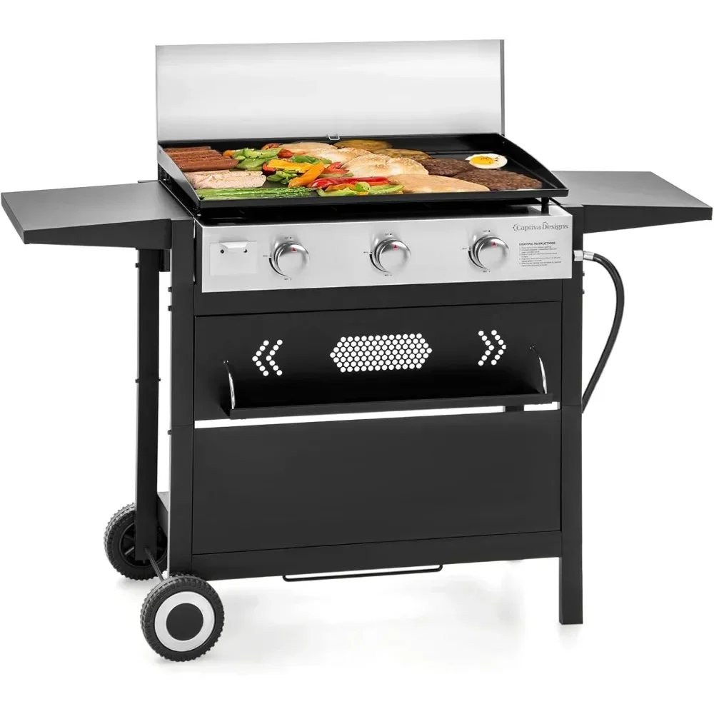 27 inch BBQ Propane Gas Griddle, Tabletop Flat Top Griddle w/Ceramic Coated Cast Iron Pan, 3 Burner Lift-Off Griddle Station