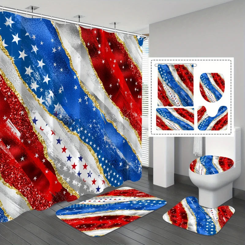 4pcs Glitter US Flag Shower Curtain Set, Red White Blue Patriotic Bathroom Sets With Shower Curtain And Rugs, Waterproof Polye