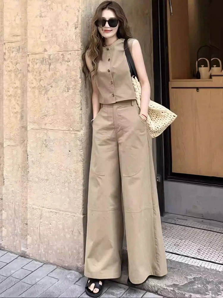 

Casual 2 Piece Pant Sets For Women Sleeveless Blazers Tops And Wide Legs Pants Summer 2024 Office Ladies Suits