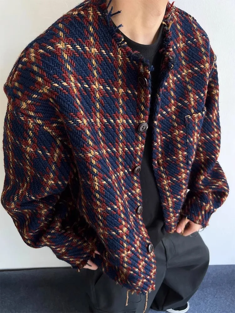 

Thiened Autumn Winter Plaid Woolen Coat Men's Outerwear Cleanfit Couple's Jaet Loose Fit Multi ket No Ironing Required
