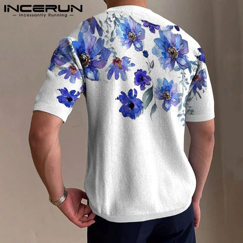 INCERUN Men T Shirt Flower Printing O-neck Short Sleeve Casual Men Clothing Streetwear 2024 Summer Fashion Male Tee Tops S-5XL