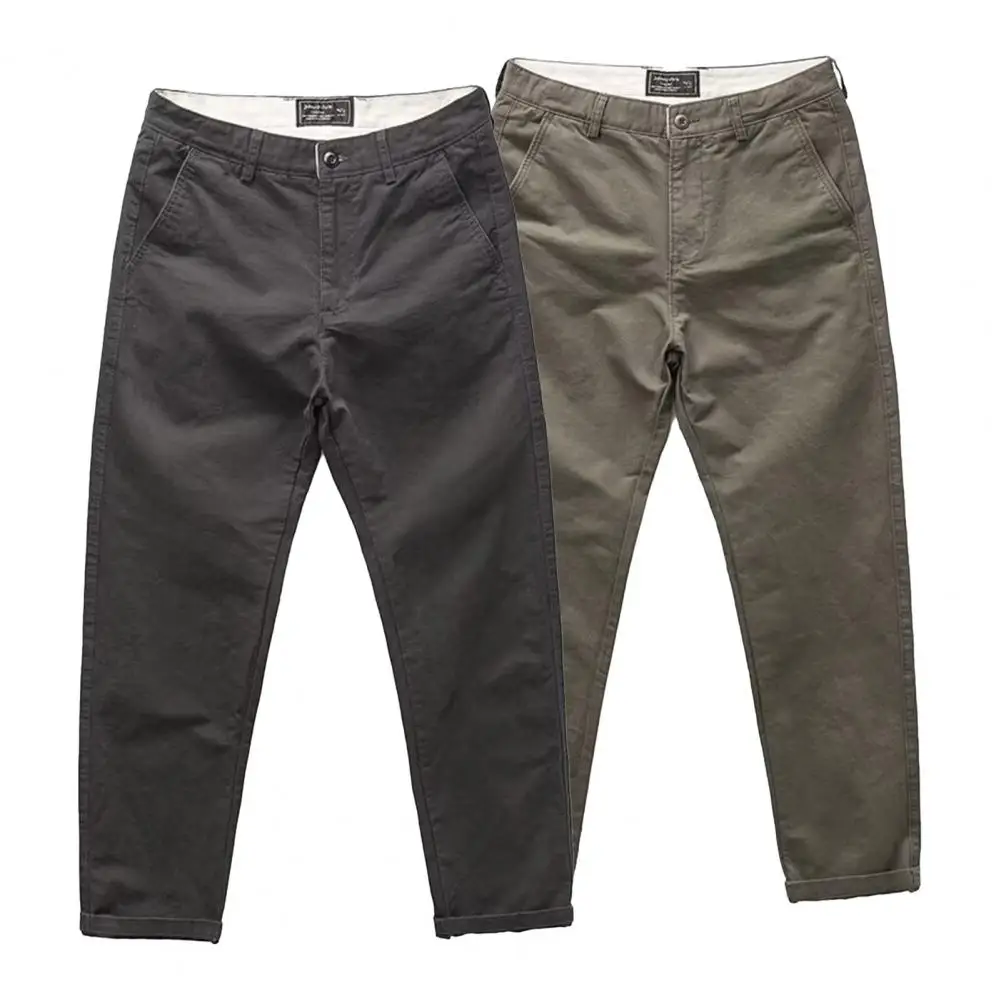 Men Pants Mid Waist Loose Multi Pockets Loose Button Zipper Closure Retro Straight Long Cargo Trousers