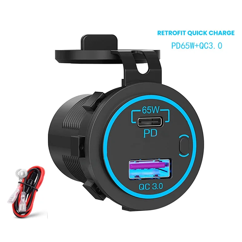 65W PD 12V USB Outlet for Laptop USB C Car Charger Socket Multi Port Outlet Waterproof Adapter for Car Boat Truck