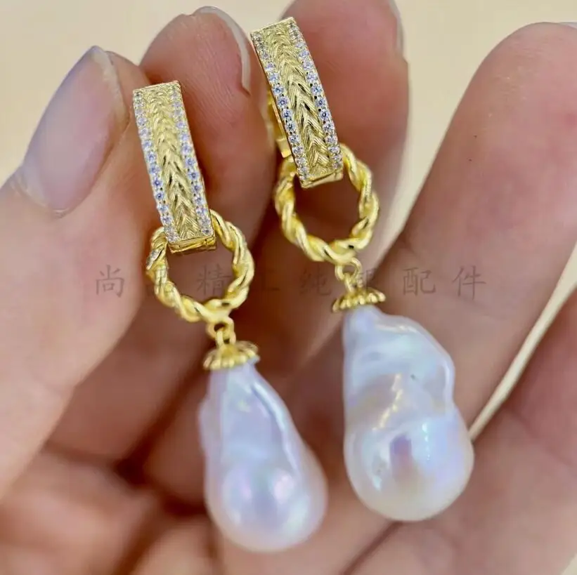 

gorgeous 15-16mm south sea baroque white pearl dangle earring 925s