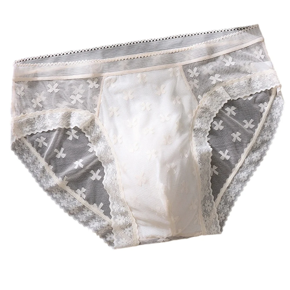 Men's Ultra Thin Ice Silk Seamless Underwear Briefs with Lace 3D Bulge Pouch Solid Color Breathable Underpants for Daily Use