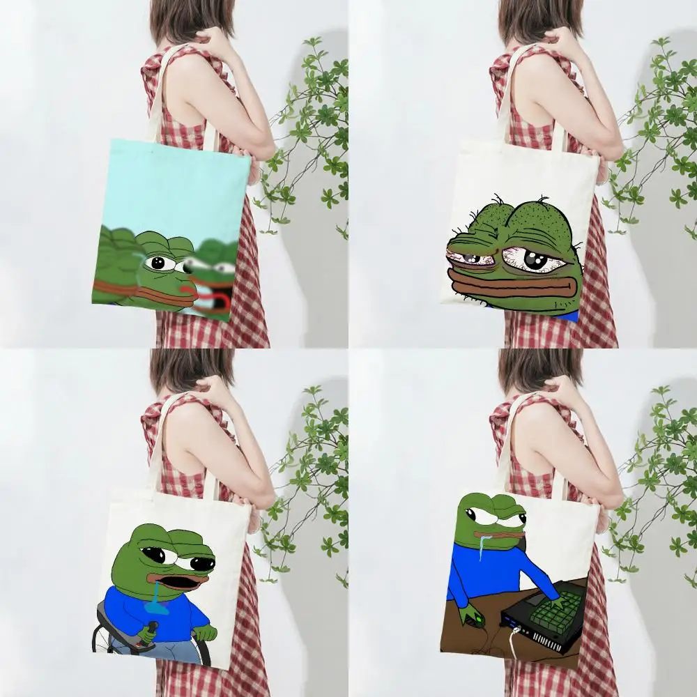 pe Character Meme Pepe The Frog Storage Bags Lightweight Printed Canvas Bag Portable Daily Shopping Shoulder Bag