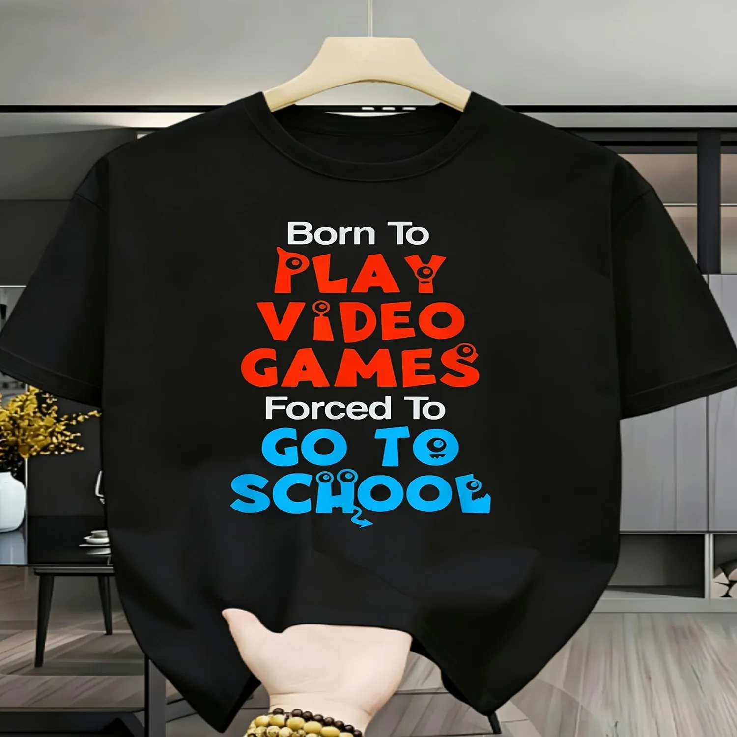 Born to Play Video Games Forced to Go to School T-Shirt, SM Pure Retro Gaming Graphic Tee for Boys Girls Men, Unisex Funny School Gamer Apparel Retro Casual Crew Neck Printed T-Shirt Men Graphic Tee, Weekend Casual Top