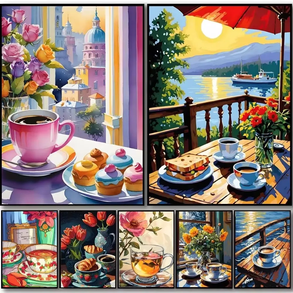 DIY European Afternoon Tea Diamond Painting, Eye-catching Warm Leisure Scene For Living Room Wall Decoration Exquisite Gift