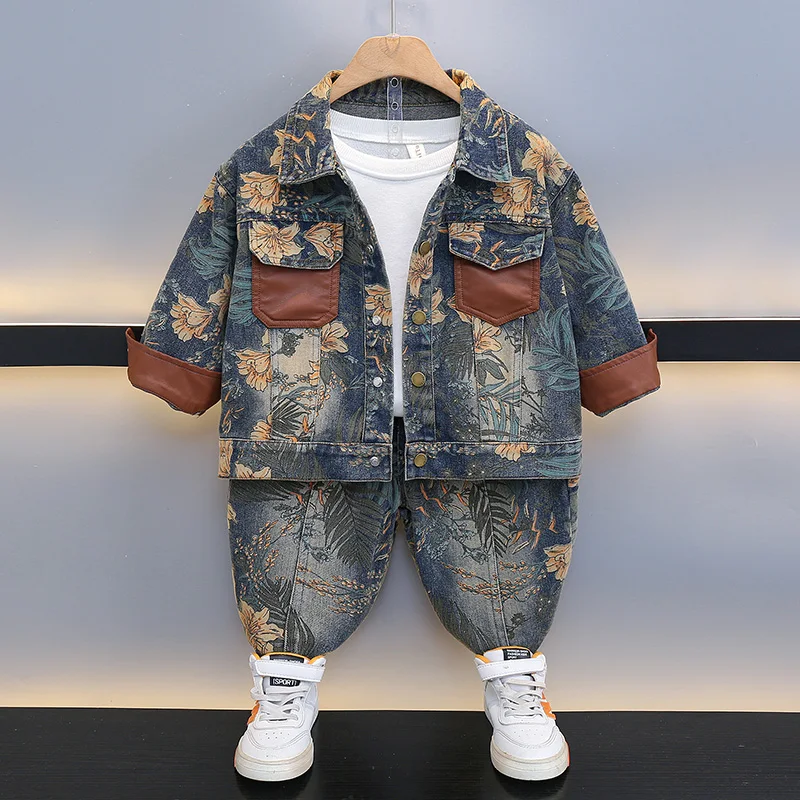 

Boys' Autumn Faionable Casual Denim Two-Piece Set Baby Cool Looking Clothes Long Sve Cotton Polyester Blend Youth Size