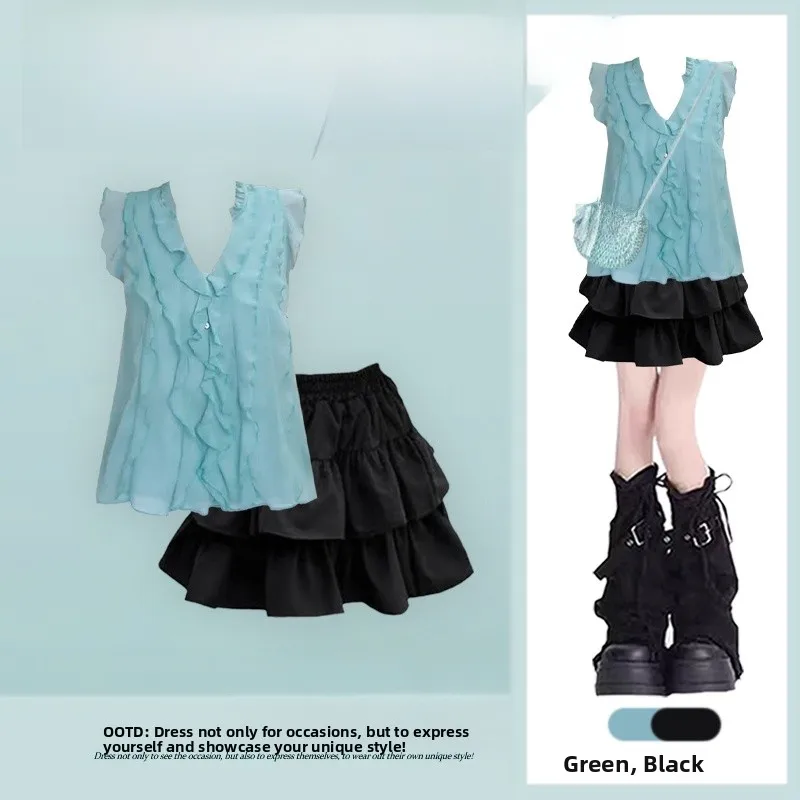 

Mint een Svel Chiffon Top High Waist Puffy Skirt Set Summer Dopane Strap Vest Slimming Effect Casual Faion Ensemble
