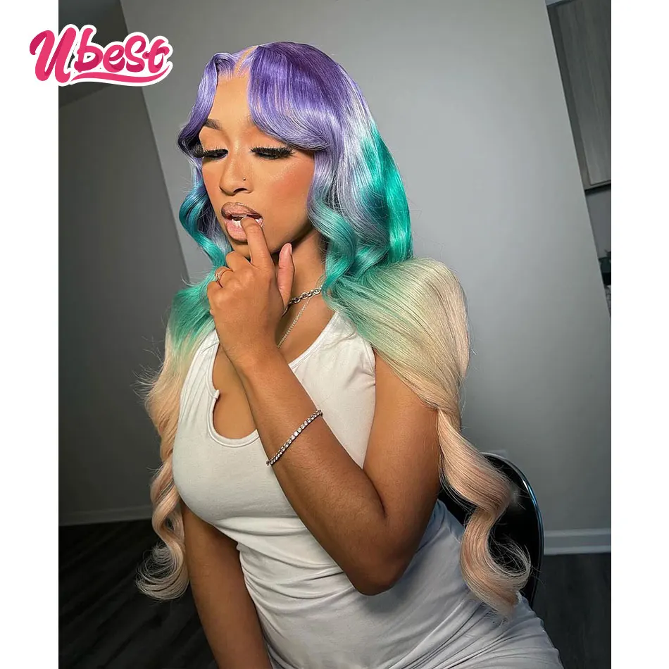 Ombre Purple Blue 613 Colored 13X6 Human Hair Wigs Body Wave 13x4 Transparent Lace Front Human Hair Remy Wigs for Women