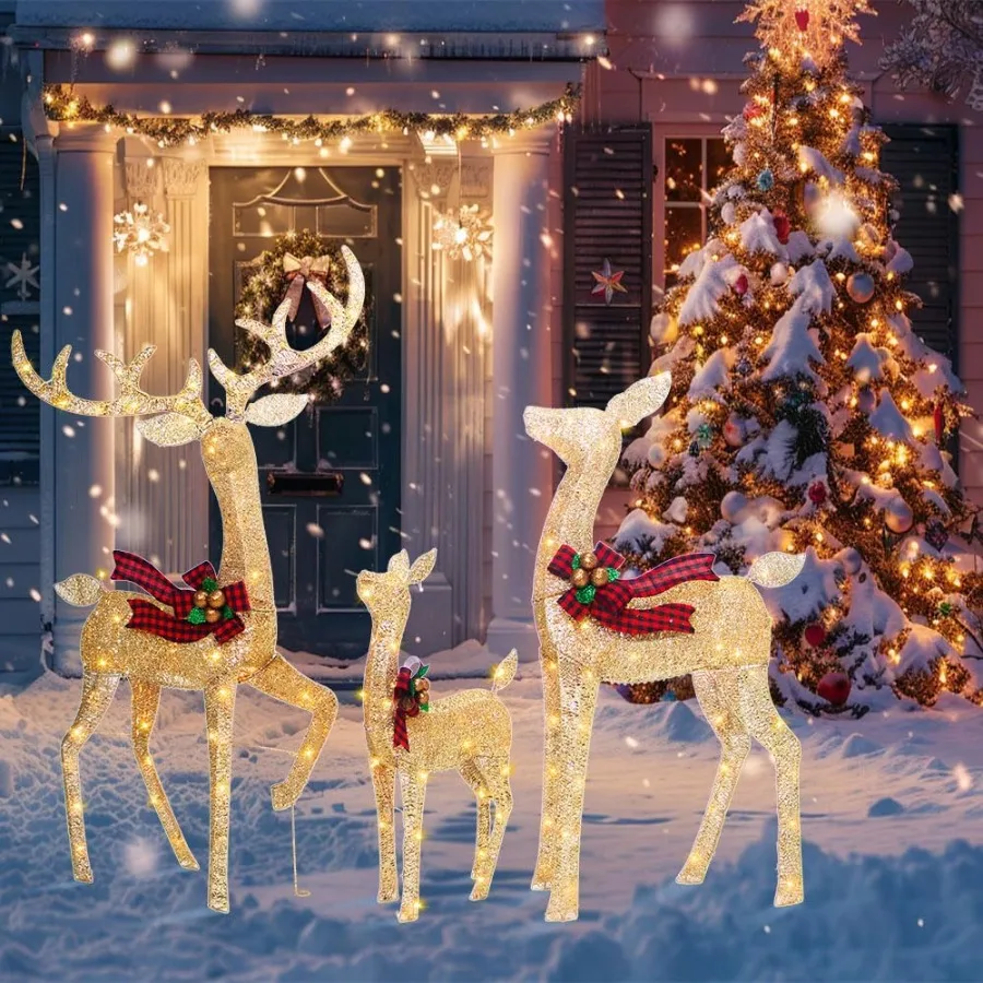 Conjunto de decoração de Natal ao ar livre para família de renas iluminadas de 3 peças com 210 luzes LED para decorações de férias de quintal 58''H animado