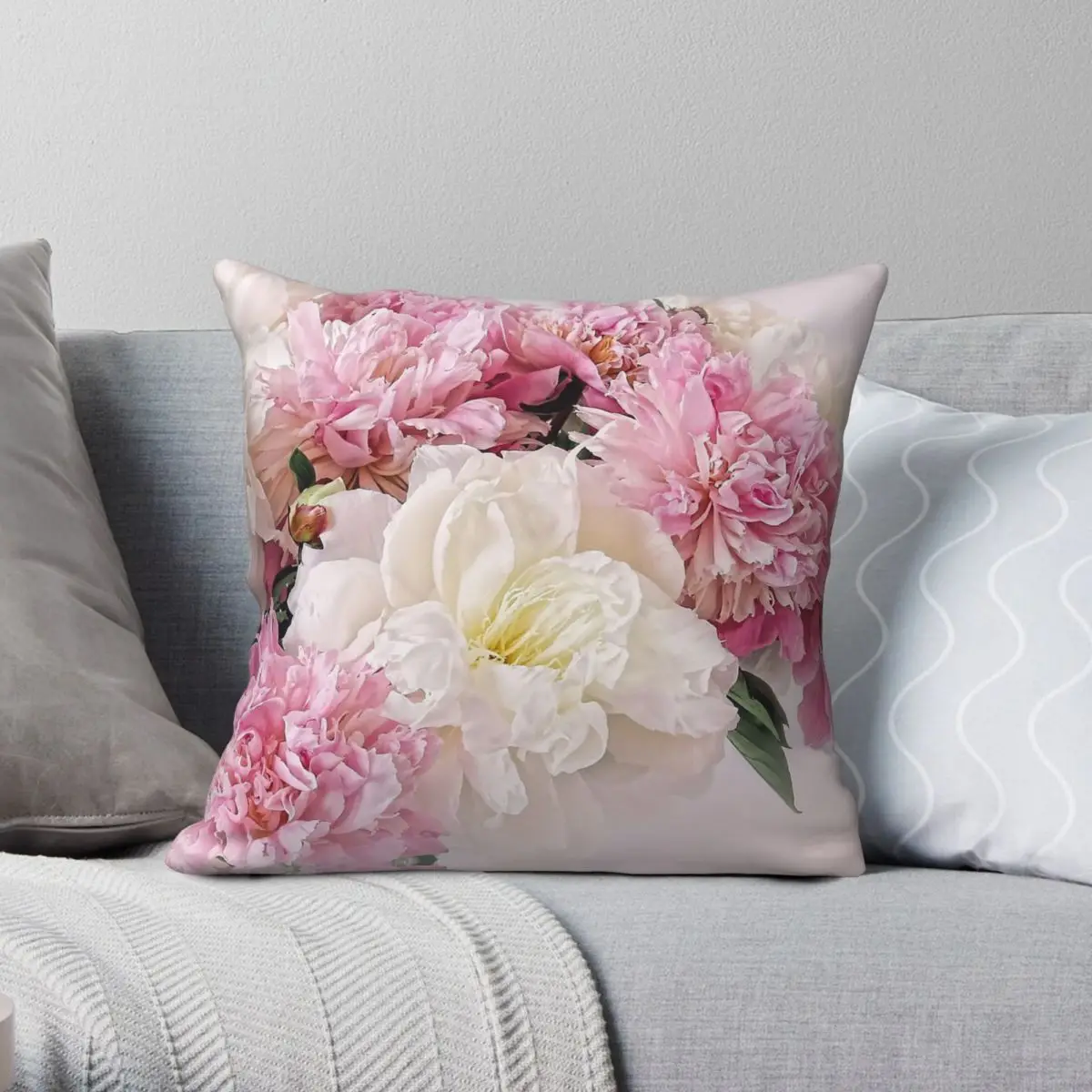 Pastel Pink Peonies Square Pillowcase Polyester Linen Velvet Creative Zip Decorative Pillow Case Room Cushion Cover