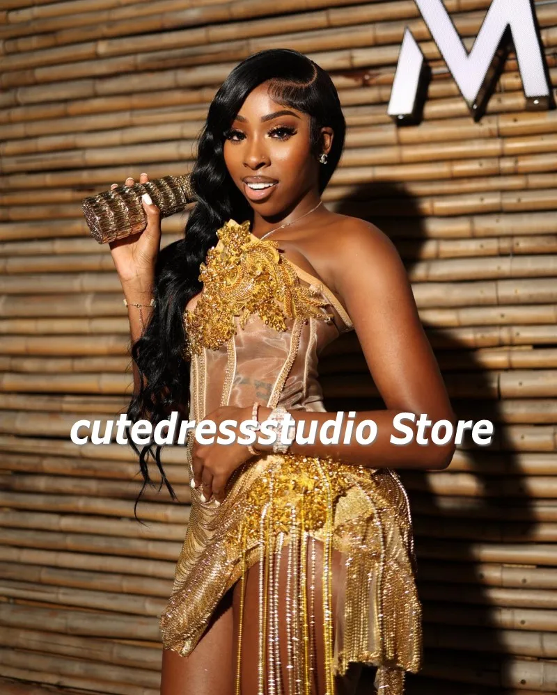 African Birthday Party Dress For Women Luxury 2024 Gold Rheinstone Short Prom Gown Customized Night Club Outfit Vestidos De Gala