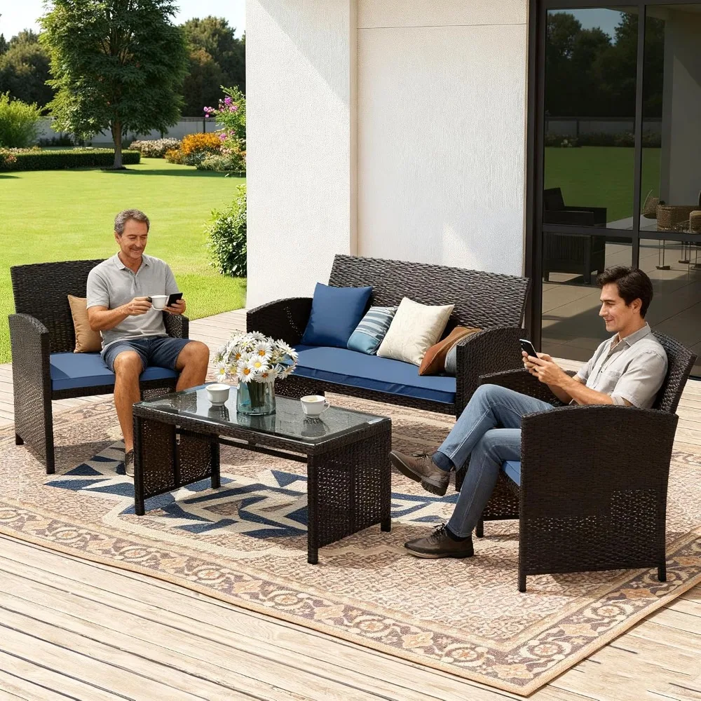 

4-piece Outdoor Terrace Furniture Set, Rattan Chairs and Sofas with Cushions, Glass Coffee Table, Conversation Set