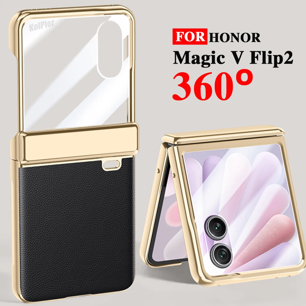 

Leather Transparent Clear Case for HONOR Magic V Flip 2 5G Plating 2025 Hinge Protection Folding Glass Flim Stand Case Cover