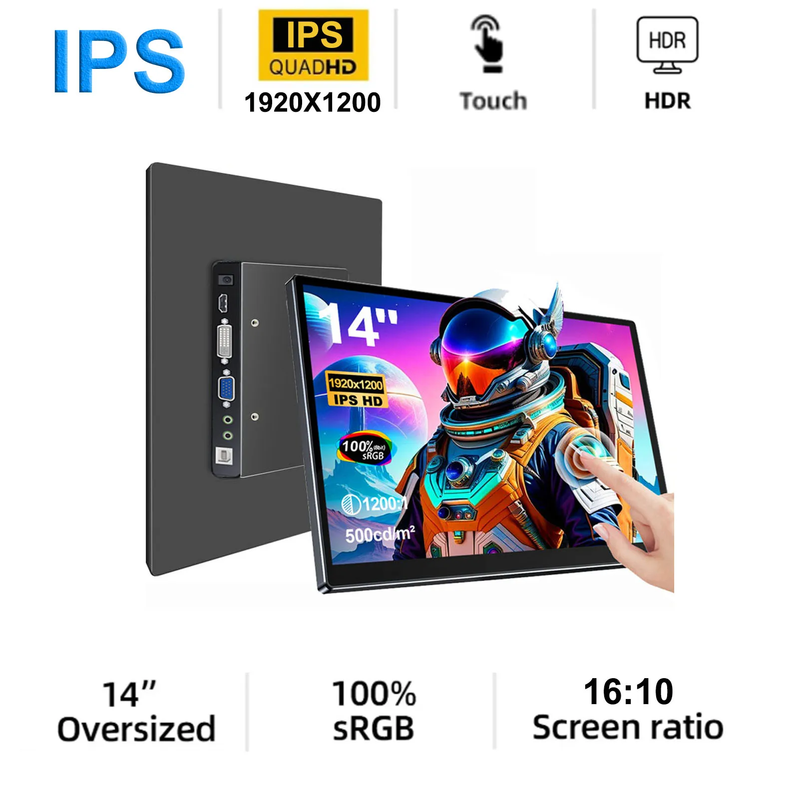 14-inch 1920*1200 Portable Monitor 400cd / m 60HZ 16: 10 For Laptop XBox PS4 / 5 Switch Cell Phone PC Computer Extension Office