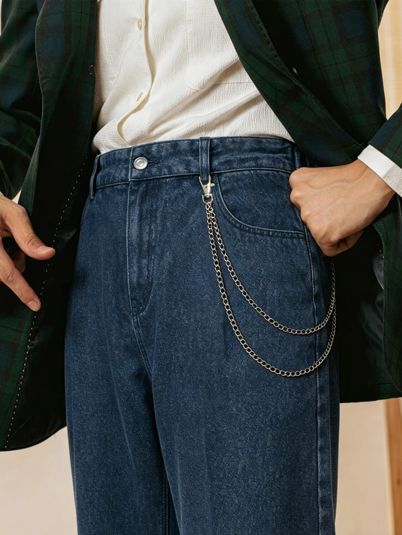 

Men Straight Leg Suit Trousers, Denim Style Italian Napoli Light Business Pants, Retro Low Waist with Pants Chain, Belt Excluded