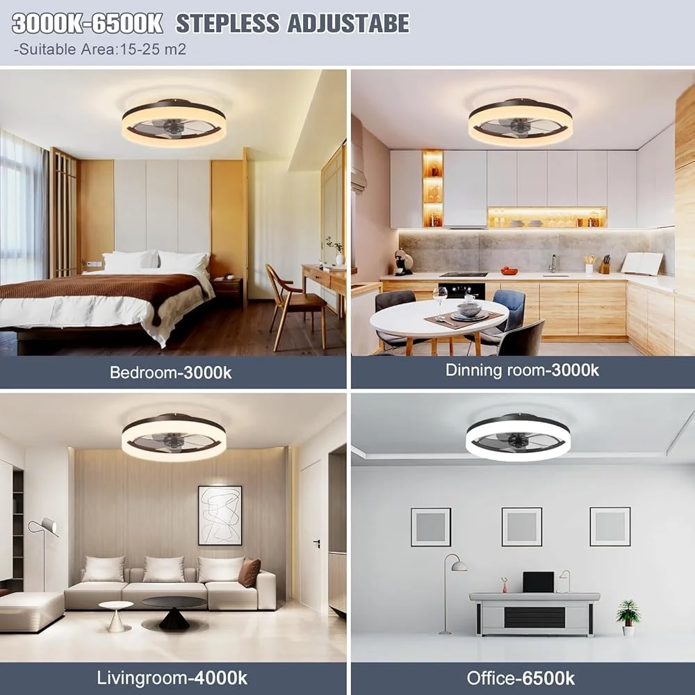 Умный низкопрофильный потолочный вентилятор со светодиодной подсветкой, пульт дистанционного управления, безлопастная люстра для скрытого монтажа, 3000K-6500K, тихое освещение в помещении