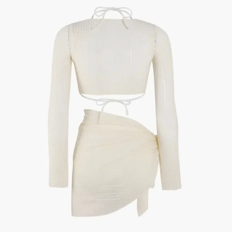 Conjuntos de Bikinis de manga larga para mujer, traje de baño liso Sexy ajustado ahuecado, moda elegante para vacaciones en la playa, traje de baño de estilo coreano con cordón de 4 piezas