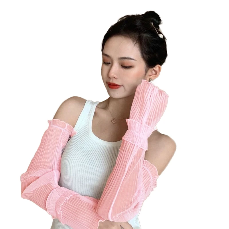 1 Pair Ice Silk Sunscreen Sleeve Cover Anti-UV Solid Color Lace Arm Sleeves Arm Guard Must Have Item for Summer