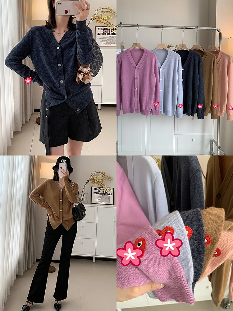 

Классический вязаный кардиган с V-образным вырезом и длинными рукавами для женщин, свободный, стройнящий, шерстяной свитер с вышивкой, однотонный, для повседневной носки