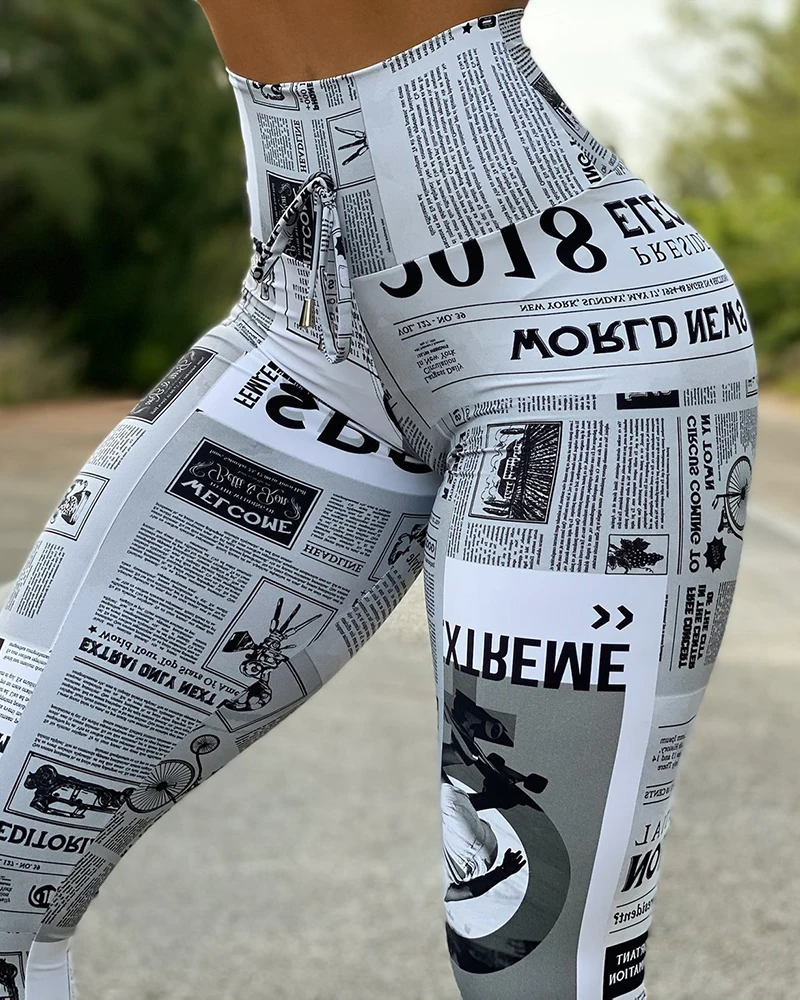 2024 Summer Workout Leggings Black White High street Newspaper Letter Print Streetwear Legging Fitness Women Sexy Casual Trouser