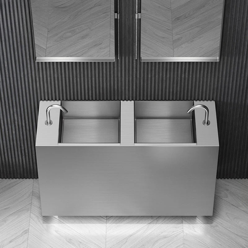 Stainless Steel Integrated Floor-to-ceiling Sink with Water Retaining Edge Hidden Drainage Washbasin Hotel