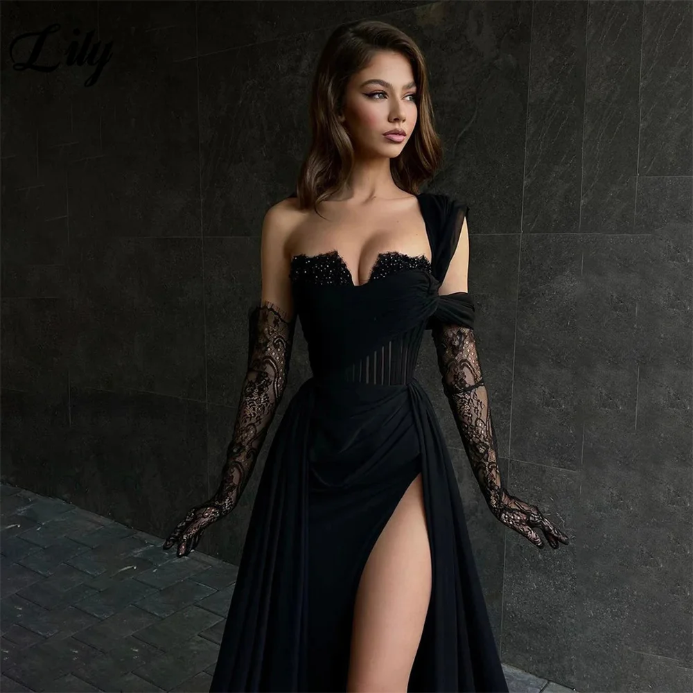 Lily Lace Sweetheart Mermaid Evening Dresses For Women One Shoulder Black Prom Dresses Side Split Stain Mermaid فستان سهرة نسائي