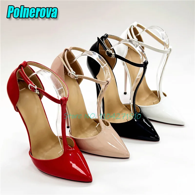 

Solid Color Stiletto Pumps Patent Leather Pointed Toe T-Strap Ankle Buckle 14Cm/16Cm Super High Heels Sexy Elegant Women Shoes