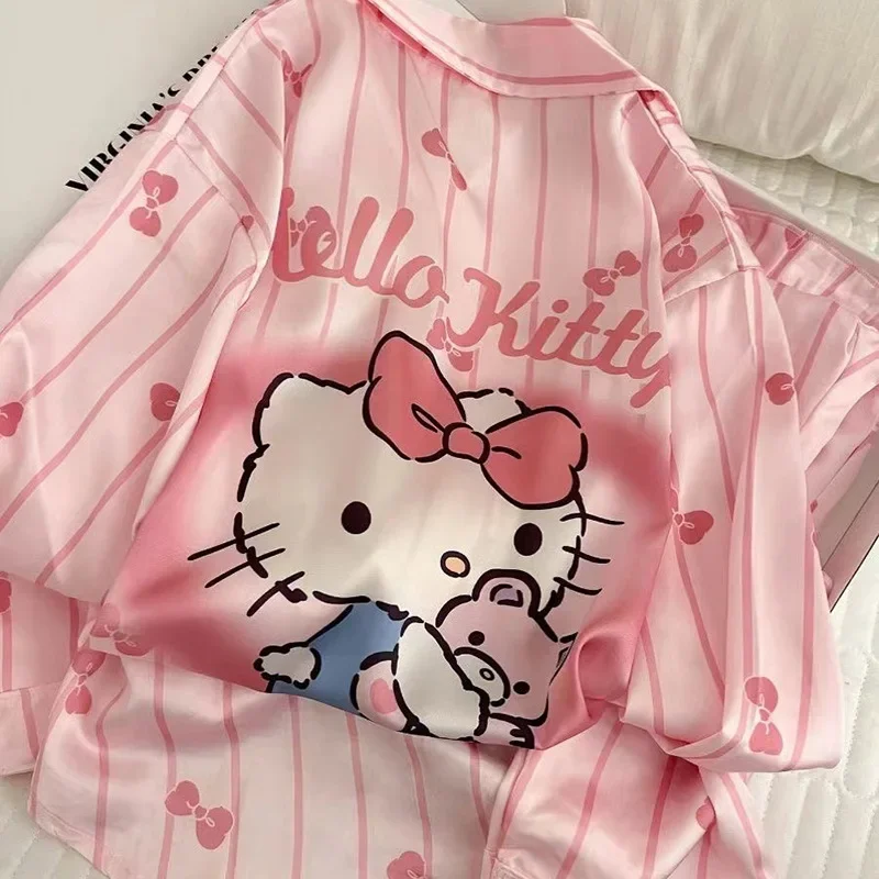 2PCS Hello Kitty Sleepwear Set Spring and Autumn Pink Striped Cardigan Long Sleeve Pants Home Clothes Ice Silk Women Accessories