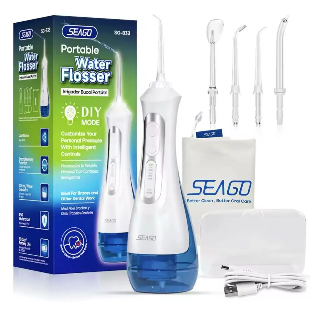 SEAGO Rechargeable Water Flosser Water Thread Oral Dental Irrigator Portable 3 Modes 200ML Tank Water Jet Waterproof IPX7 Home