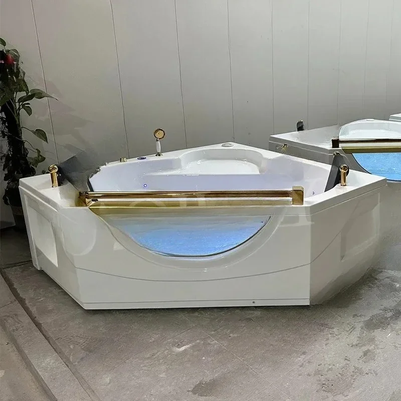 ES White acrylic glass bathtub for 2 people massage corner bathtub with golden armrests installed hotel villa bathtub
