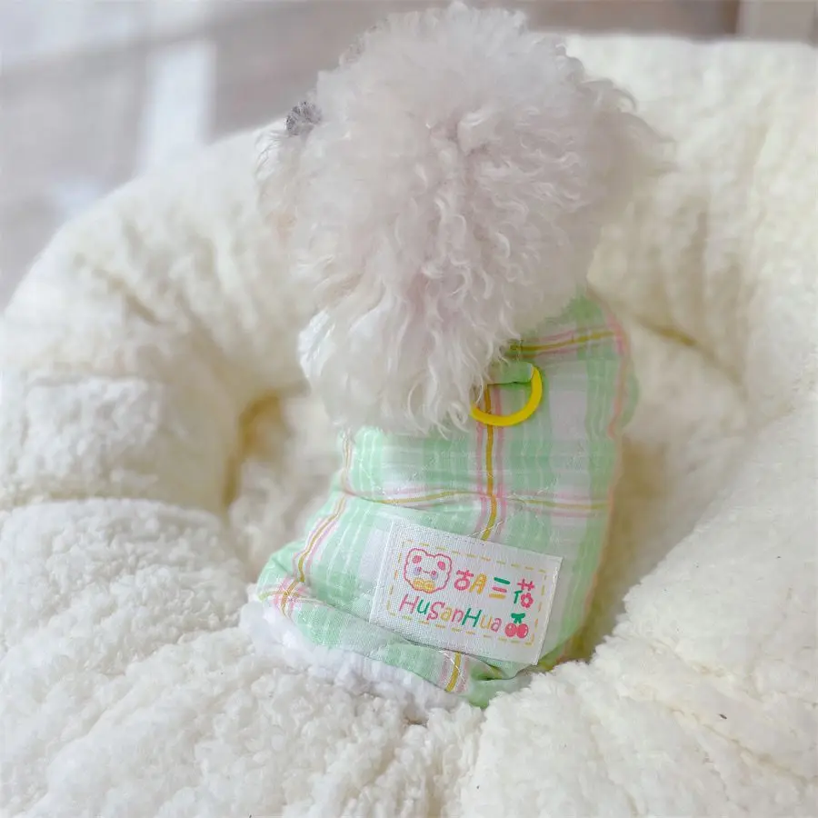 Cute Dog Color Checker Coat Winter Meow Clothes Dog Warmth Plush Thickened Bears Teddy Clothes Small Dog Rope Traction Ring Coat