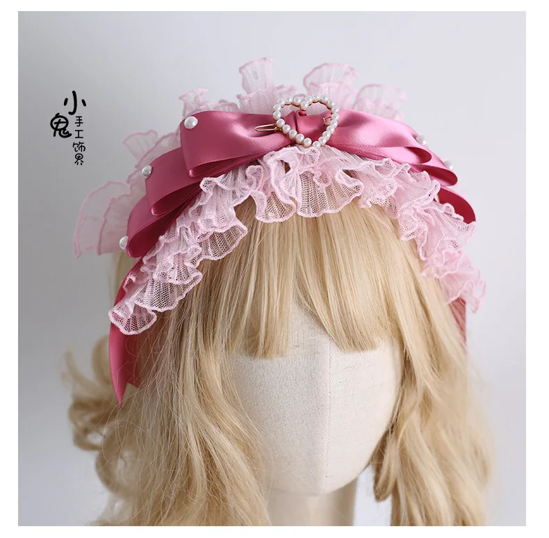 Japanse Lolita Shuanggong Zijde Versie Fluwelen Taart Prachtige Pop Gevoel Ponet Rose Roze Bnt Hoge Hoed Kant Hoofdband voor Vrouw
